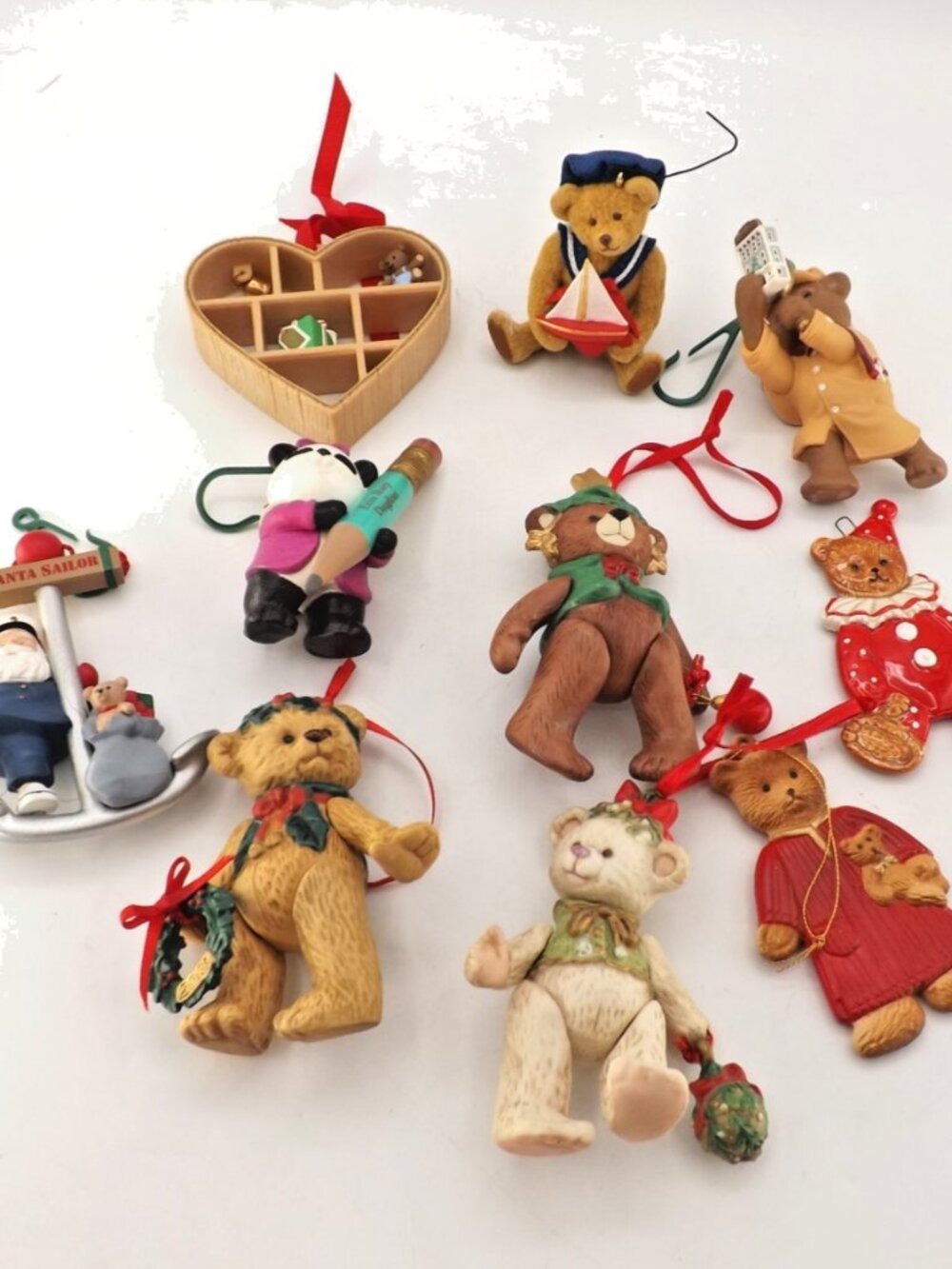 Lot of 10 Vintage Teddy Bear Christmas Ornaments Mixed Resin Wood Holiday Decor